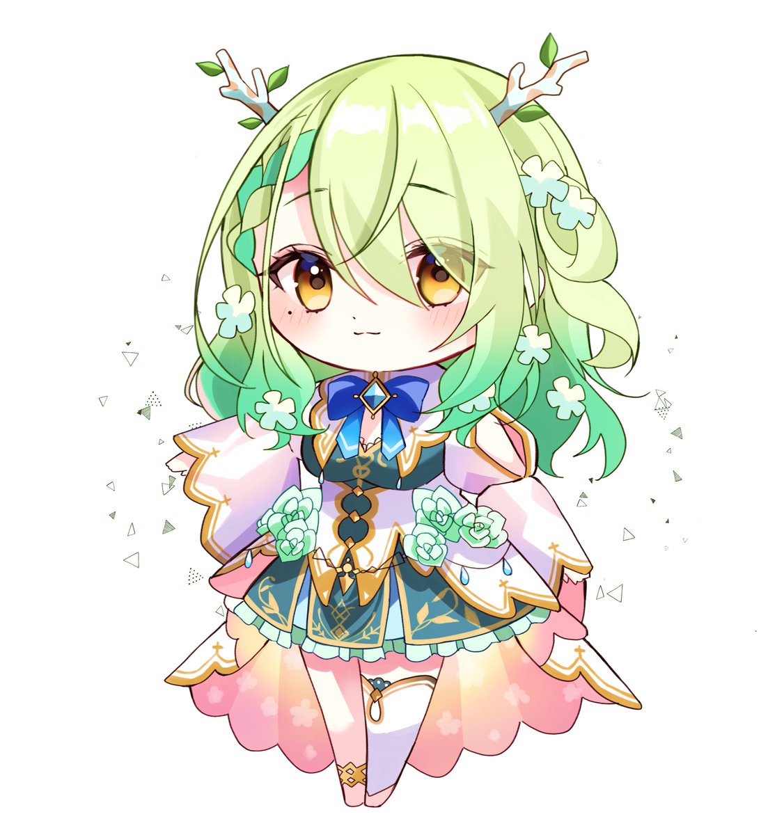 ceres fauna 1girl solo green hair chibi single thighhigh braid flower  illustration images