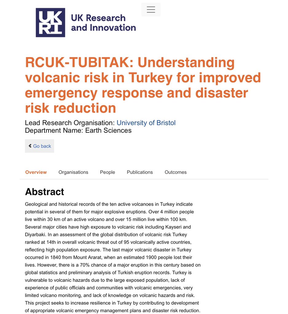 👉🏻 RCUK/<a href="/UKRI_News/">UK Research and Innovation</a> ve <a href="/TUBITAK/">TÜBİTAK</a> destekli proje, gelişmiş acil müdahale ve afet risk azaltımı için 🇹🇷'deki volkanik riski anlamaya odaklanıyor. <a href="/BristolUni/">University of Bristol</a> ile <a href="/MTAGenelMd/">MTA Genel Müdürlüğü</a> ve <a href="/AFADBaskanlik/">AFAD</a>’ın da dahil olduğu proje, volkanik dayanıklılığı artıracak. Kaynak: bit.ly/3g0K7qm