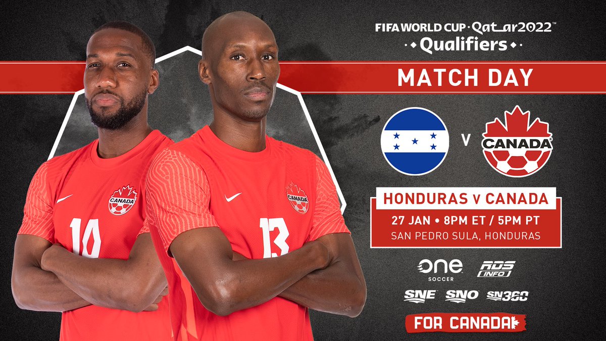 It’s Matchday! 🍁#CANMNT is on a Quest for #Qatar2022! ⚔️ 

🆚: #CANMNT v Honduras
📅: 8 pm ET/5 pm PT
🏟: Estadio Olímpico Metropolitano in San Pedro Sula
📺: <a href="/onesoccer/">OneSoccer</a> <a href="/Sportsnet/">Sportsnet</a> <a href="/RDSca/">RDS</a> 
#⃣: #CANMNT #ForCanada #WCQ #WCQ22 

Match Centre: canadasoccer.com/national-teams…