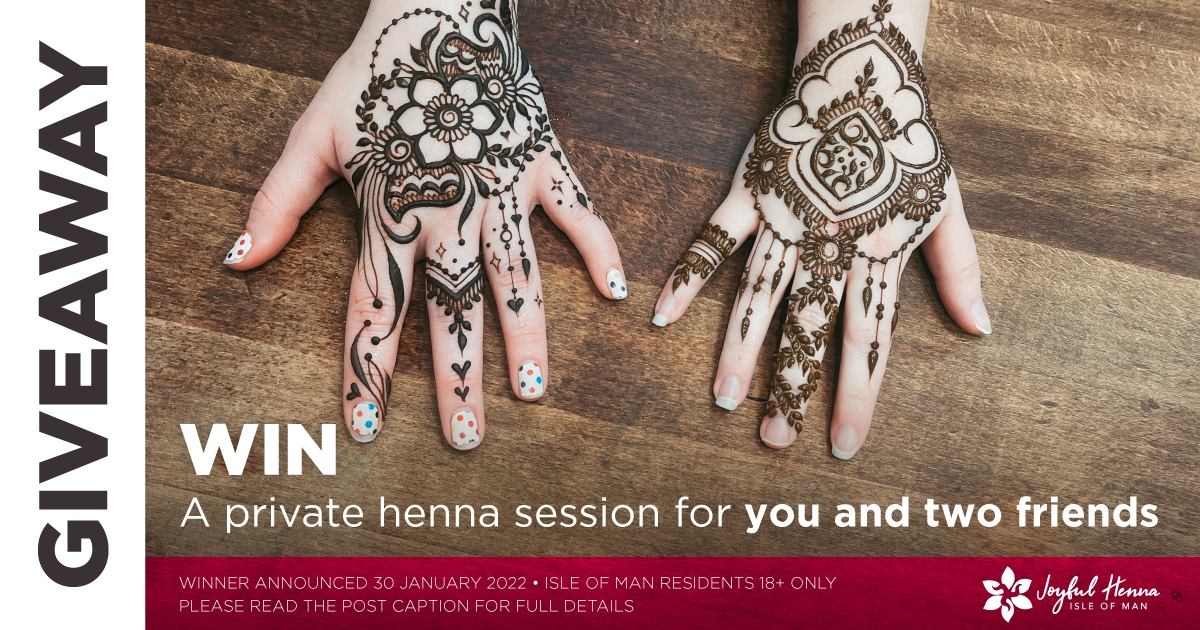 hennaiom's tweet photo. Don't miss out! The JOYFUL BIRTHDAY GIVEAWAY closes this Saturday on Facebook and Instagram. Two chances to win a private henna sessions for 3 people.

🔗Instagram: https://t.co/OPgLrdwtxJ
🔗Facebook: https://t.co/WuMTWYdMBX

Good luck! #IOMStory https://t.co/IIiPewPKKL