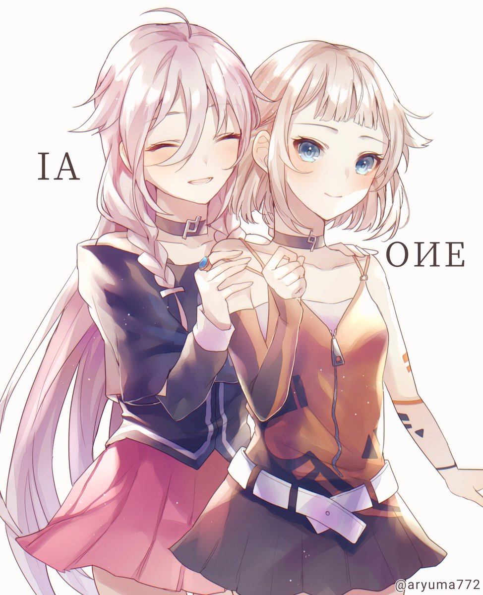 ia (vocaloid) multiple girls skirt 2girls pink skirt closed eyes smile blue eyes  illustration images