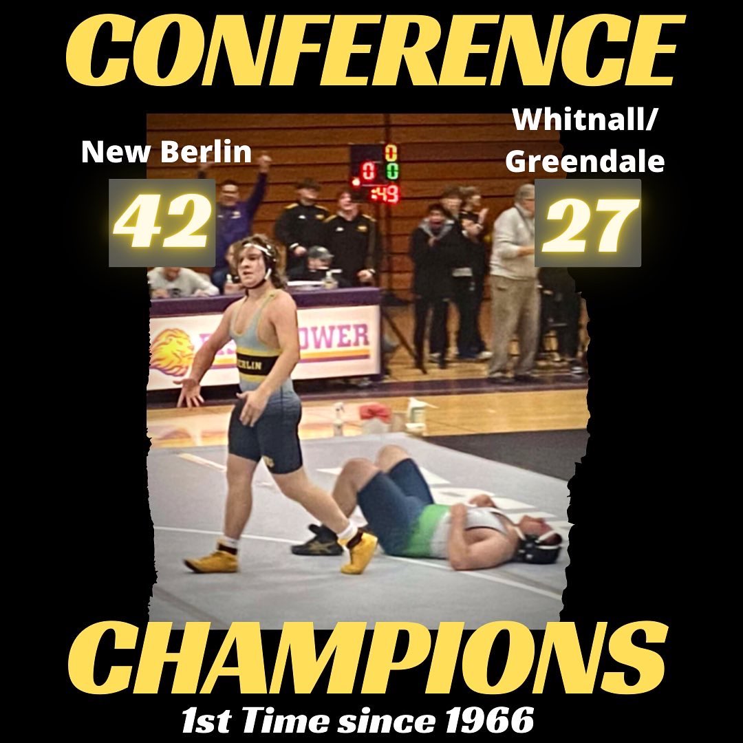 NBWrestle's tweet photo. Conference Champs!! The New Berlin Wrestlers have managed to win conference for the first time since 1966. https://t.co/LIHZc9n9MX