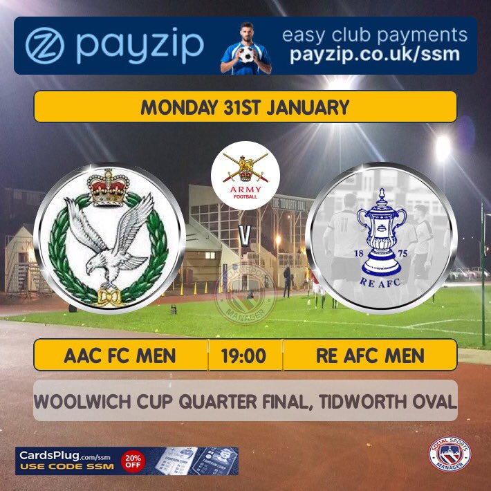 Next up our men’s team take on the AAC FC men in the QF of the Woolwich Cup. <a href="/Proud_Sappers/">Corps of Royal Engineers</a> <a href="/CorpsColRE/">Corps Col RE</a> <a href="/CorpsSM/">Royal Engineer Corps SM</a> <a href="/Simon_Stockers/">Simon Stockley</a> <a href="/ChairmanREAFC/">Chairman Sapper Football</a> <a href="/glish105/">GLish</a> <a href="/ALAN99835321/">ALAN</a> <a href="/stubbsy459/">Keith Stubbs</a> @SGCampbell29 <a href="/fyfe_rj/">RJFyfe</a> <a href="/Armyfa1888/">Army FA</a> <a href="/mattkenny474/">Matt Kenny</a>