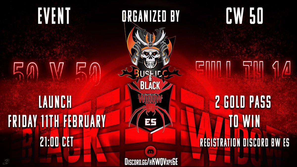 Black Widow ES &amp; <a href="/BushidoCOC/">Bushido</a>  invite You to a 50v50 full th14 random war* event on 11th February. 
2 gold pass to win.
Join us and have fun among great players and attacks😎🥳

*not fw
