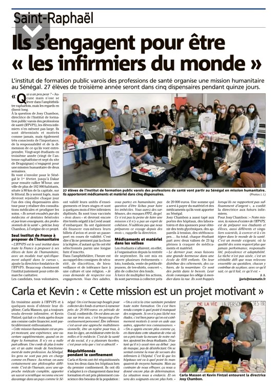 🌎 Nouvelle mission humanitaire pour 27 étudiants infirmiers de l'IFPVPS

🎓Le 1er février nos étudiants de 3ème année de Draguignan et St-Raphael s'envoleront pour Dakar puis M'Bour pour 15jours de mission humanitaire sous l'égide de notre Directrice Josy Chambon