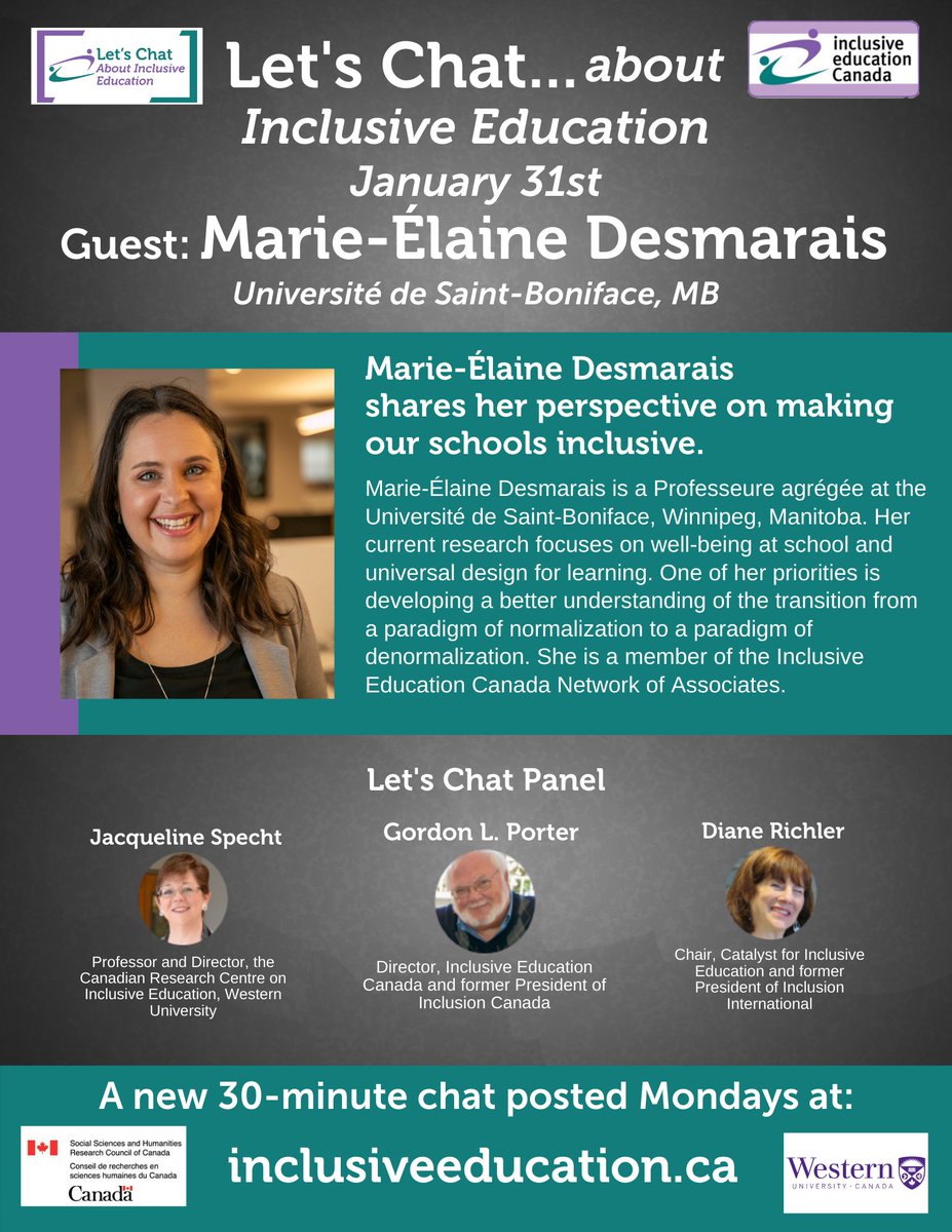 InclusiveEdCan's tweet photo. Introducing the guest for Ep. 3 of Let’s Chat, Marie-Élaine Desmarais! In this episode, she sits down with our hosts to chat about authentic inclusion and insights from her time as a resource teacher. The episode will be available starting January 31st on the IEC website. https://t.co/ZuX1tpG3ge