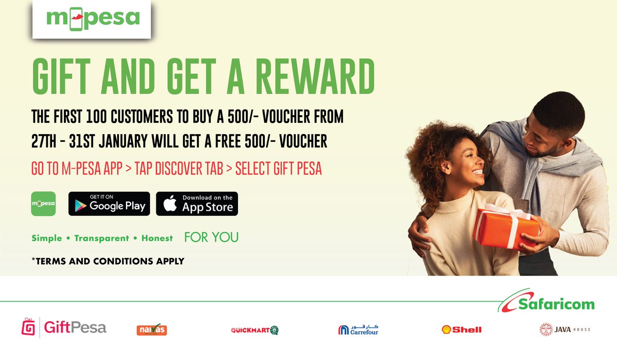 SafaricomPLC's tweet photo. Gift a GiftPesa voucher and be gifted in return this end month! The vouchers can be redeemed for shopping, fuel and food at partner outlets.  #SafaricomForYou https://t.co/Nhotm3eaub