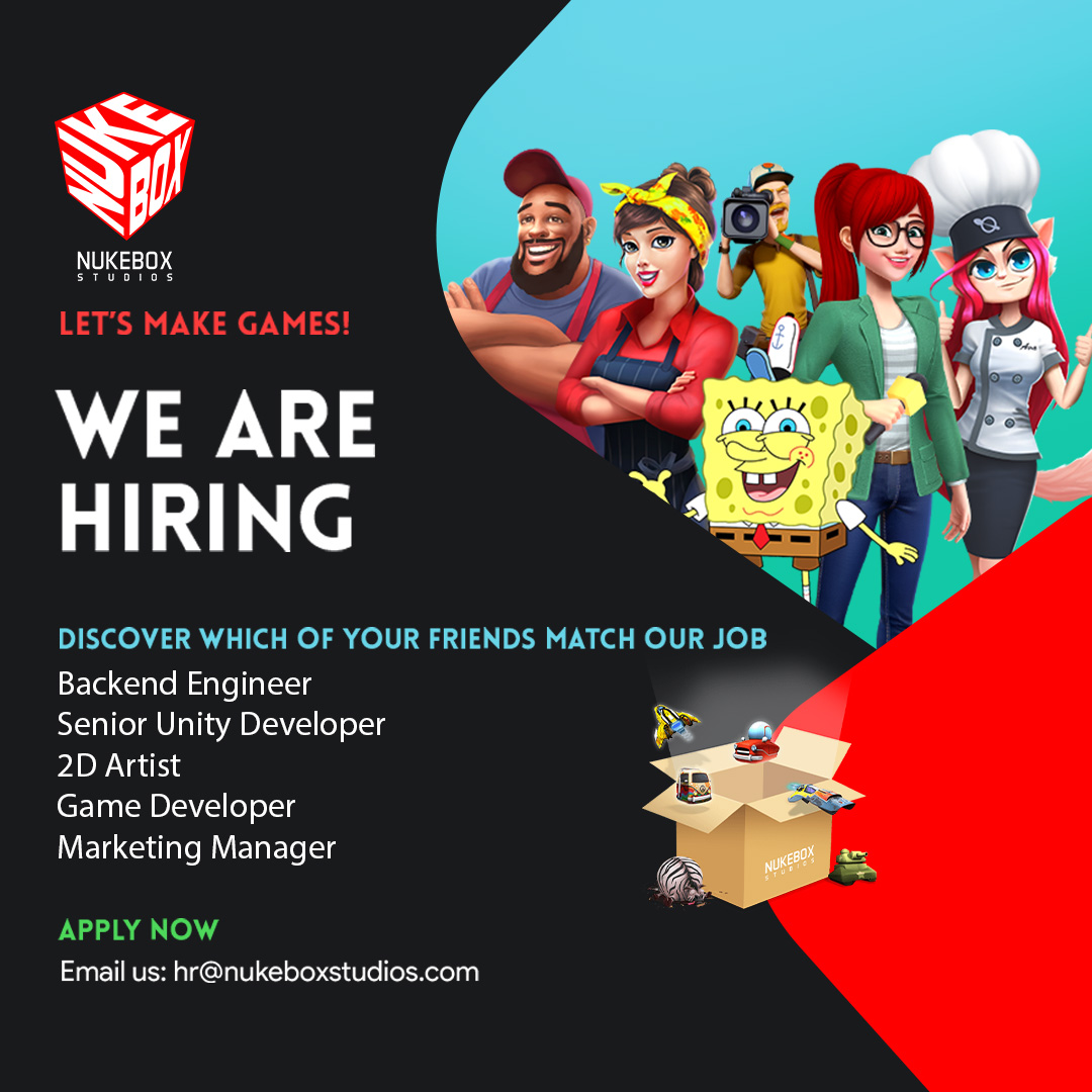 Nukebox Studios (@nukeboxstudios) on Twitter photo The year’s first #hiringlist is #outnow. Have a friend to refer? Want to apply yourself to any of the #listed #jobopenings? We’re all eyes and ears…Email CVs to hr@nukeboxstudios.com. Good Luck!🤝
#nukebox #careers #JobSeekers #HiringNow #joinus #talent #HiringAlert #CreateNext The year’s first #hiringlist is #outnow. Have a friend to refer? Want to apply yourself to any of the #listed #jobopenings? We’re all eyes and ears…Email CVs to hr@nukeboxstudios.com. Good Luck!🤝
#nukebox #careers #JobSeekers #HiringNow #joinus #talent #HiringAlert #CreateNext
