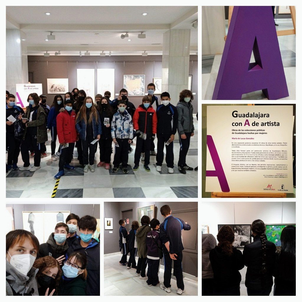 maristasguada's tweet photo. Alumnos/as de Educación Plástica de 1° y 4° de ESO visitan la exposición Guadalajara con A de artista, parte del proyecto de investigación de su profesora de Plástica, sobre la aportación de las artistas al patrimonio de Guadalajara.#micolemola https://t.co/snmftXAtOa