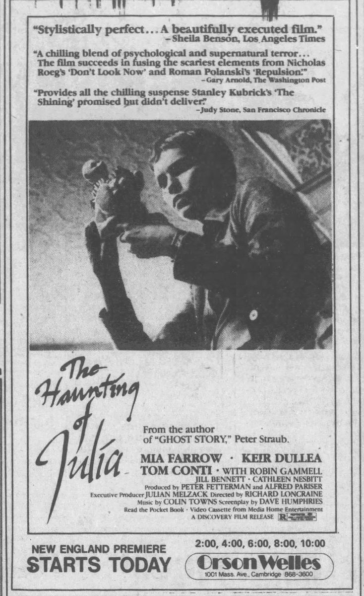 A nice ad here for #FullCircle when it debuted as #TheHauntingOfJulia in Boston in October 1981... #miafarrow #tomconti #keirdullea