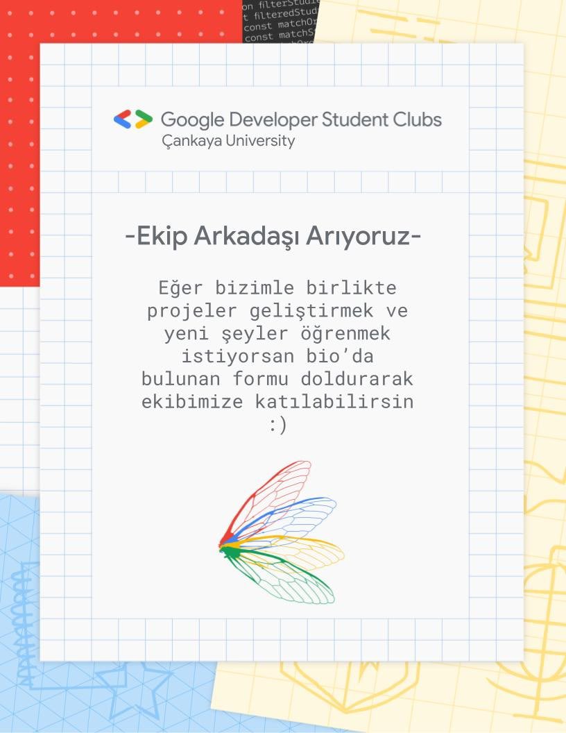Sende GDSC Çankaya ekibine dahil olmak istiyorsan formumuzu doldurabilirsin 😊
Başvuru için son gün 30 Ocak ❤️💚💛💙

forms.gle/vbuGfMb9n4xPA7…