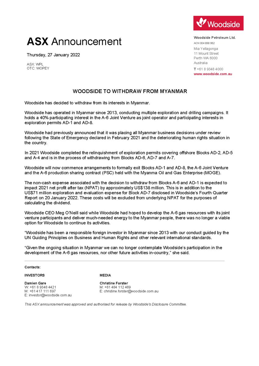 Another financial lifeline to #Myanmar’s murderous junta is cut. Australian energy giant <a href="/WoodsideEnergy/">Woodside Energy</a> is exiting the country in keeping with the UN Guiding Principles on Business and Human Rights. Another bad day for General Min Aung Hlaing.
