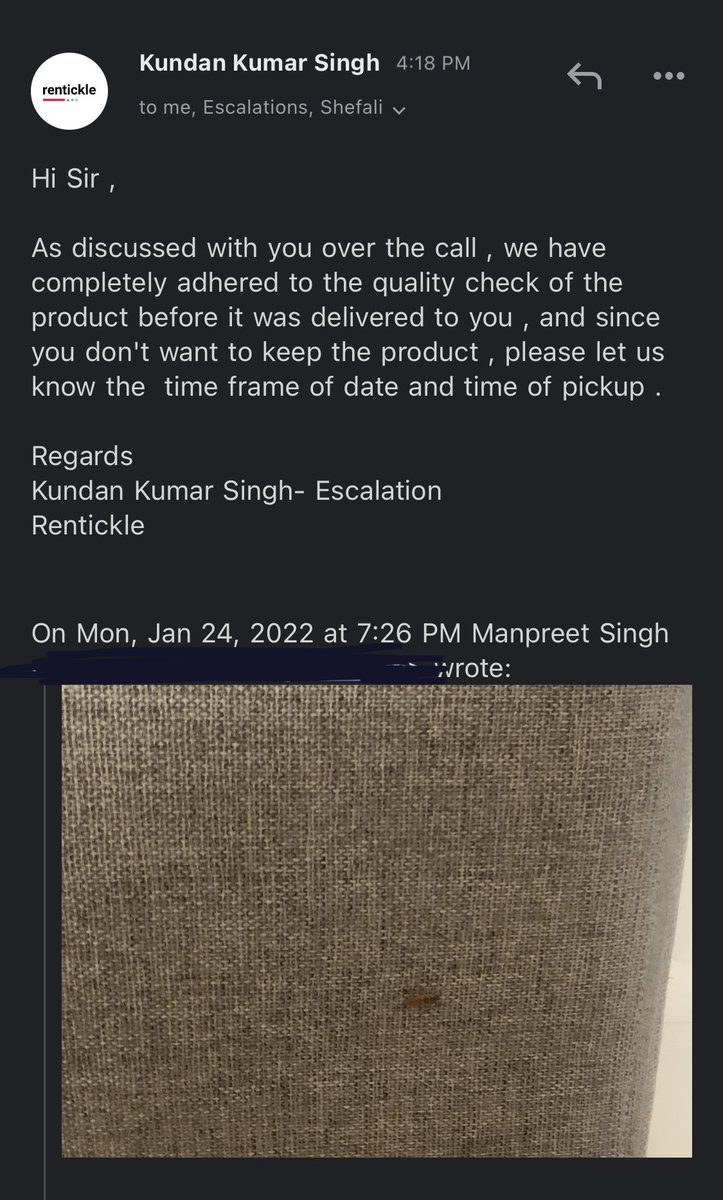 manpreetsaini26's tweet photo. See the response… even when pic and videos is attached… and if i want to return they told me I’ll have to pay one month’s rent even tho its been 5 days of them sitting the in my drawing room unused due to unhygienic conditions https://t.co/BSy2kVP8sA