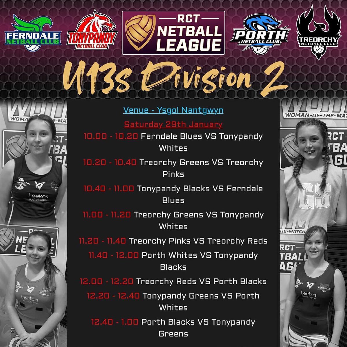 Under 13’s first games day of 2022 is this Saturday!! Who doesn’t love a full day of netball? Here’s our Division 2 fixtures! #netballsaturday #gamesday