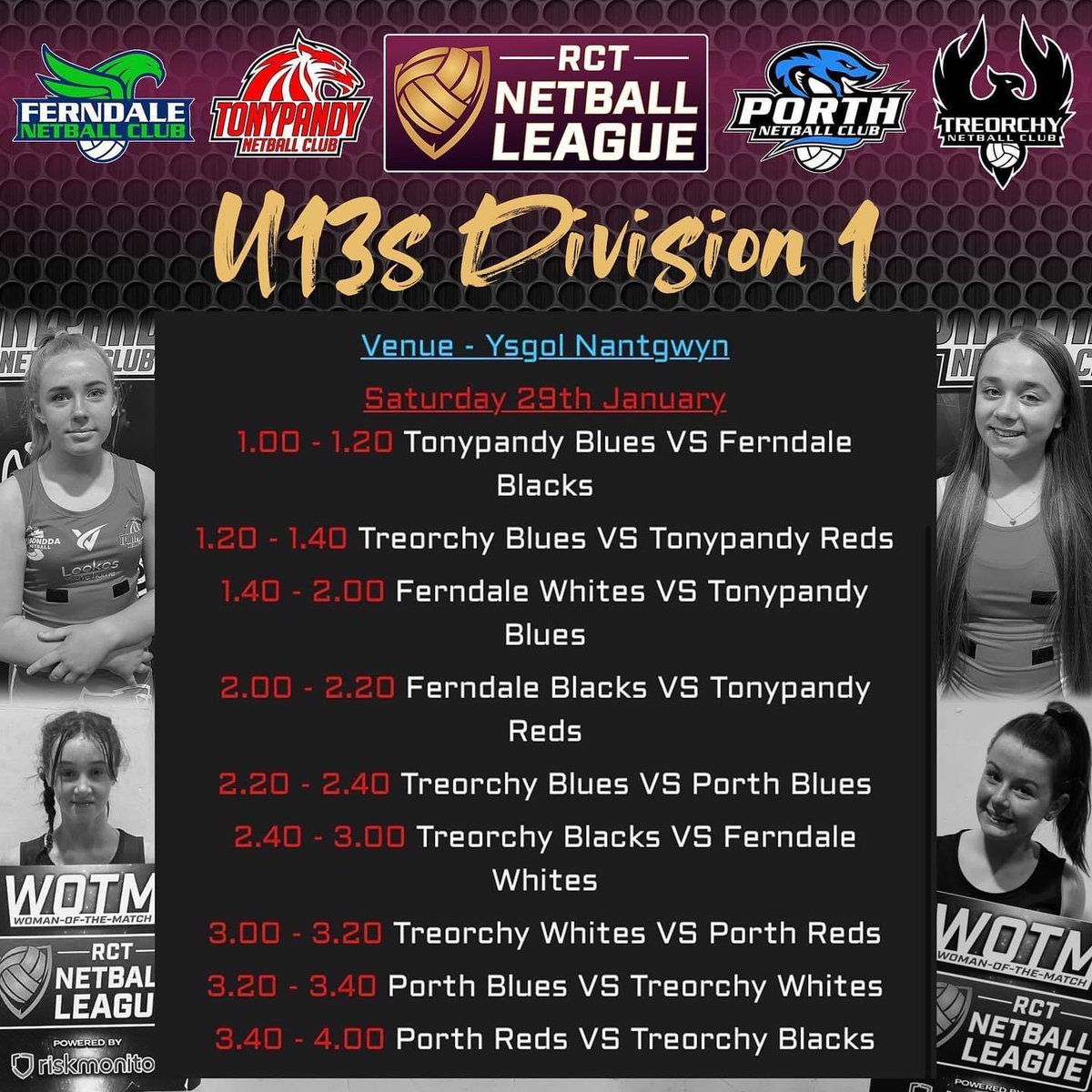 Under 13’s first games day of 2022 is this Saturday!! Who doesn’t love a full day of netball? Here’s our Division 1 fixtures! #netballsaturday #gamesday