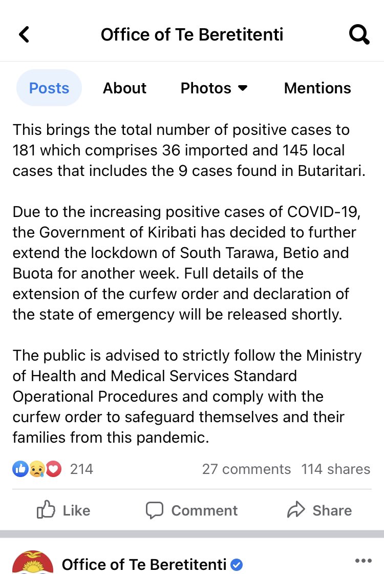 rimon_akka's tweet photo. Day 6 of lockdown & the nos have more than doubled. Total +ve covid cases as reported 3hrs ago = 181 (36 from the flight + 145 local) Of the local nos, 9 are in Butaritari, an outer island. #StaySafeKiribati #PrayingTheNumbersDrop #LockdownExtended https://t.co/ouqG2gXMvV