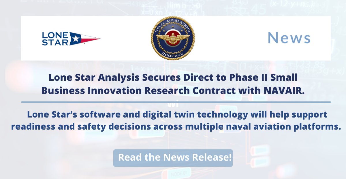 ICYMI! Lone Star is excited to announce that our software and digital twin technology will help support @NAVAIRNews readiness and safety decisions across multiple naval aviation platforms. Please read the news here: lone-star.com/2022/01/26/lon…

#SBIRS #NAVAIR #AnalyticsSoftware