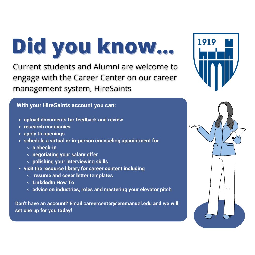 Emmanuel_GPP's tweet photo. Visit the Career Center website at https://t.co/gKHYCmTVxN
or email careercenter@emmanuel.edu https://t.co/ZXtIWtuoir