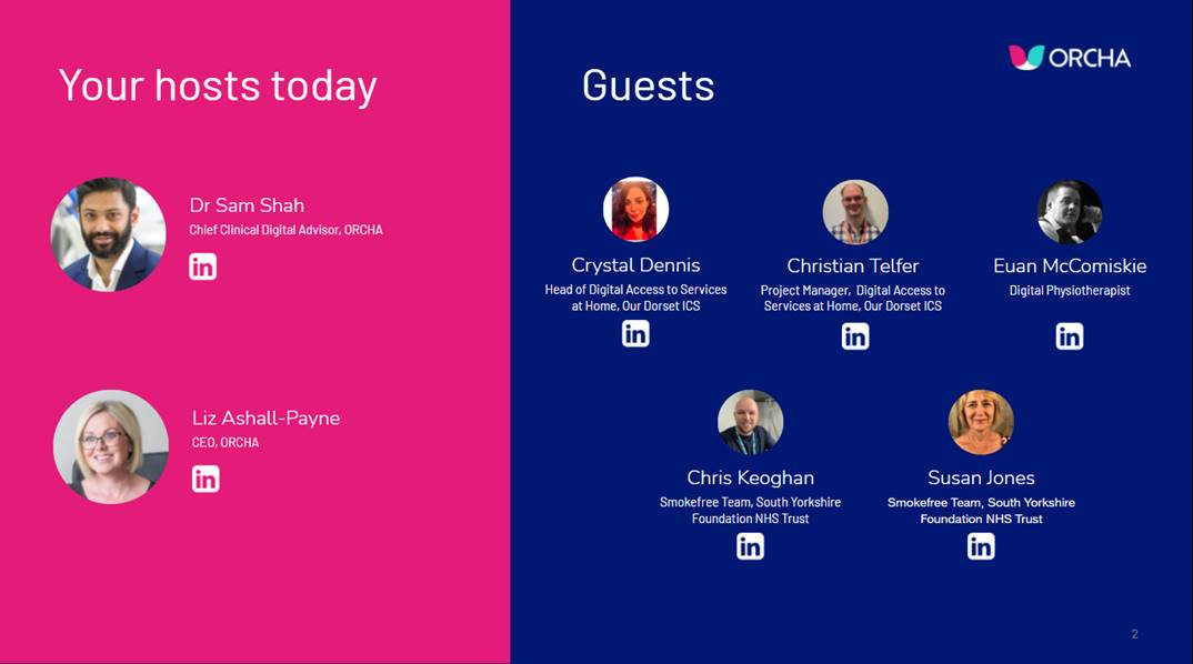 Yesterday two of our team members, Chris and Sue, joined the ORCHA Digital Health To Tackle The Elective Backlog Webinar!

We love seeing our team working closely with other organisations like ORCHA.
Have you visited our ORCHA recommended apps page yet?

bit.ly/3cPzNAD