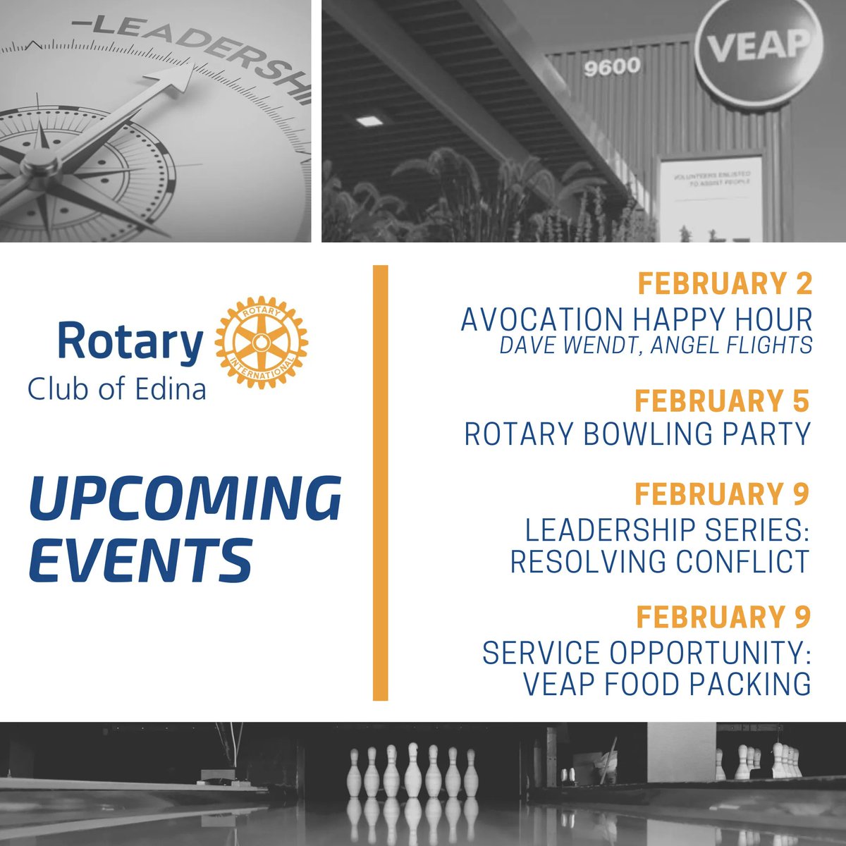 EdinaRotary's tweet photo. Whether you are looking for professional or personal growth, fun and fellowship, or an opportunity to serve — we’ve got you covered! 

Don’t miss these upcoming Club events. Check out https://t.co/Q6h3yypAfl for more information. https://t.co/TAUa9ZA3jU