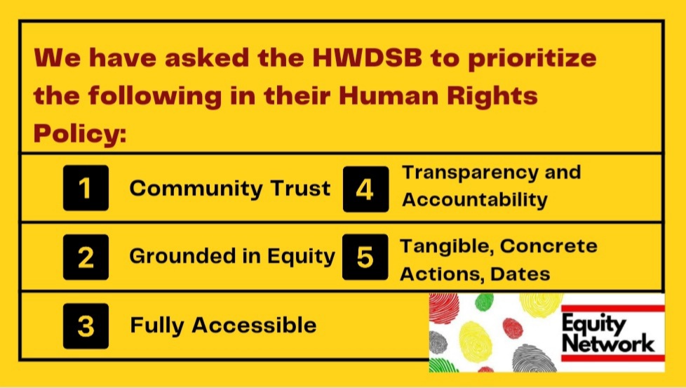 EquityNetworkD's tweet photo. We met with @HWDSB to relay community asks for their #HumanRightsPolicy. As they have a tendency to silence/censor/omit/misrepresent community voices, we are openly sharing the 5 key asks. We hope engage in transparent and accountable collaboration during this process with HWDSB. https://t.co/ChHr1zk8Ve