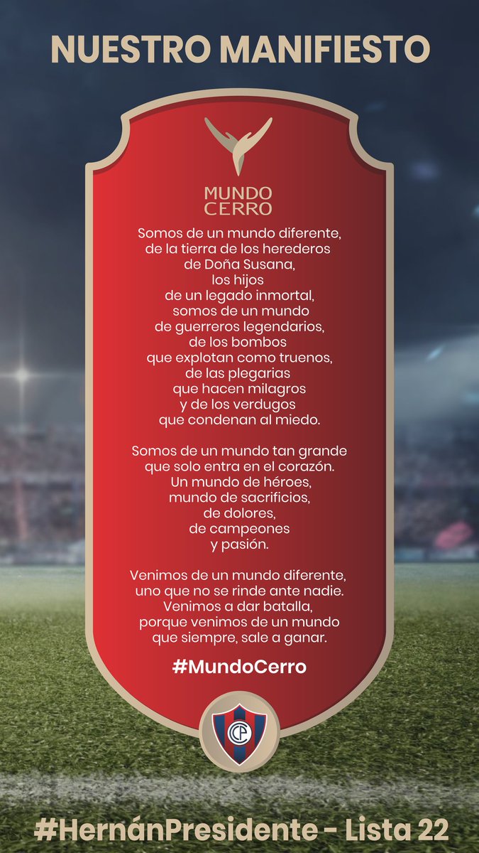 HernanCCP22's tweet photo. Venimos de un mundo diferente, uno que no se RINDE ante nadie y que siempre sale a GANAR!
Vamos Cerristas que el partido todavía no terminó. Vamos a dejar la vida para ganarlo!

#mundoCerro
#hernanpresidente https://t.co/7K8UiXiCa6