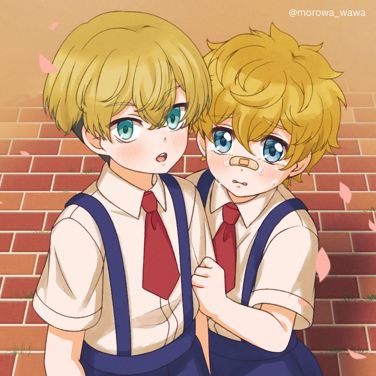 blonde hair multiple boys blue eyes 2boys bandaid on face male focus bandaid  illustration images