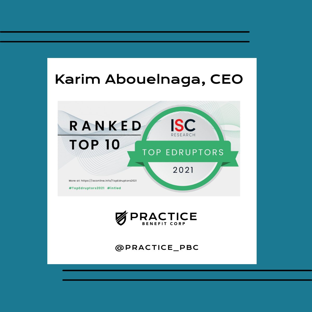 PRACTICE_PBC's tweet photo. Congratulations to our CEO, Karim Abouelnaga on being ranked #5 in a survey of Global Education Influencers in 2021!
ISC chooses these education influencers, โEdruptorsโ, based on their followings and the impact they have demonstrated in affecting change for educators. https://t.co/y6fMlvdqnV