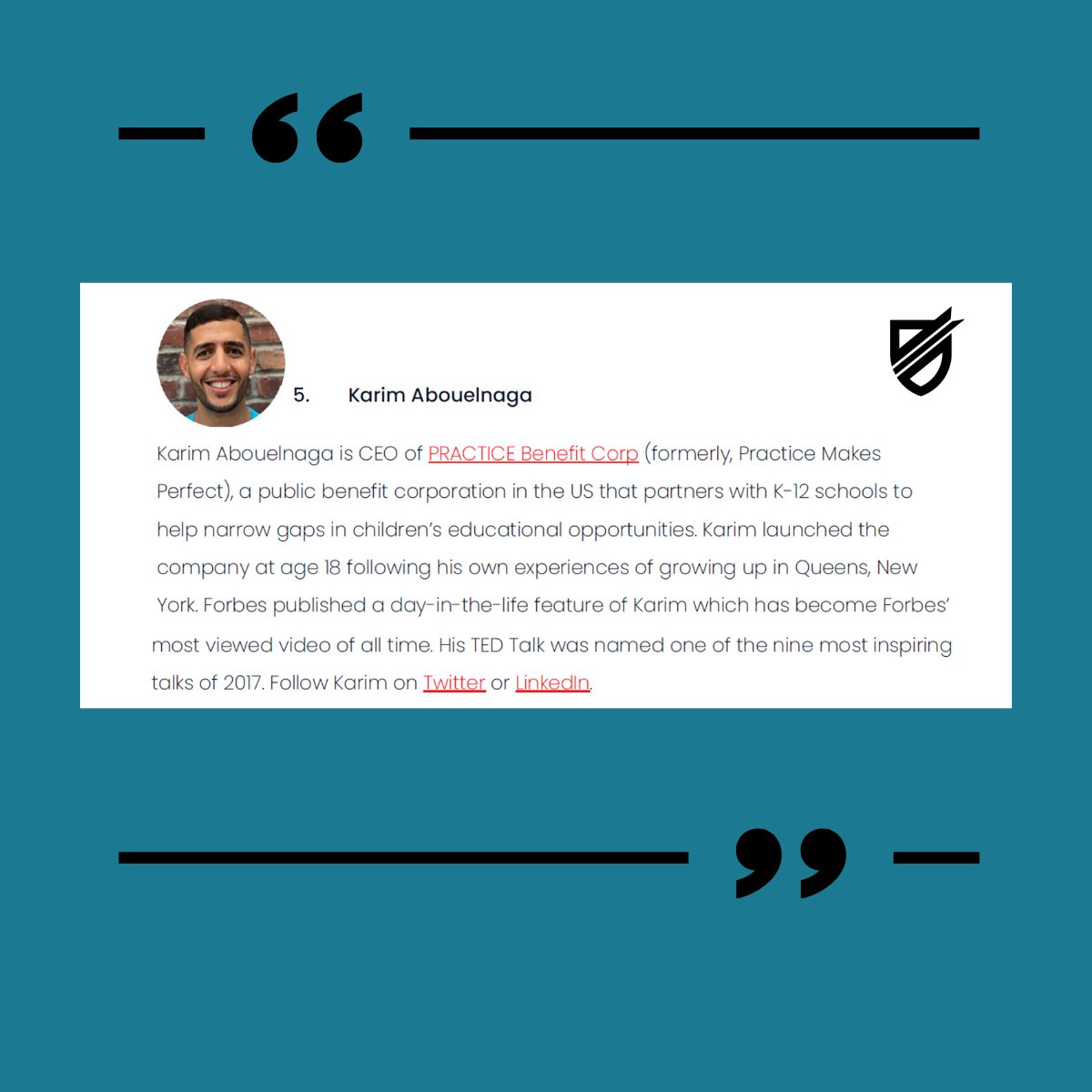 PRACTICE_PBC's tweet photo. Congratulations to our CEO, Karim Abouelnaga on being ranked #5 in a survey of Global Education Influencers in 2021!
ISC chooses these education influencers, โEdruptorsโ, based on their followings and the impact they have demonstrated in affecting change for educators. https://t.co/y6fMlvdqnV