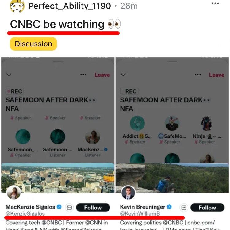 SafemoonWarrior's tweet photo. CNBC Reporters MacKenzie Sigalos and Kevin Breuninger were listeners in the last #SAFEMOON After Dark Space. 

*if someone has more screenshots please post them 🙂 https://t.co/Txej1SgpsT