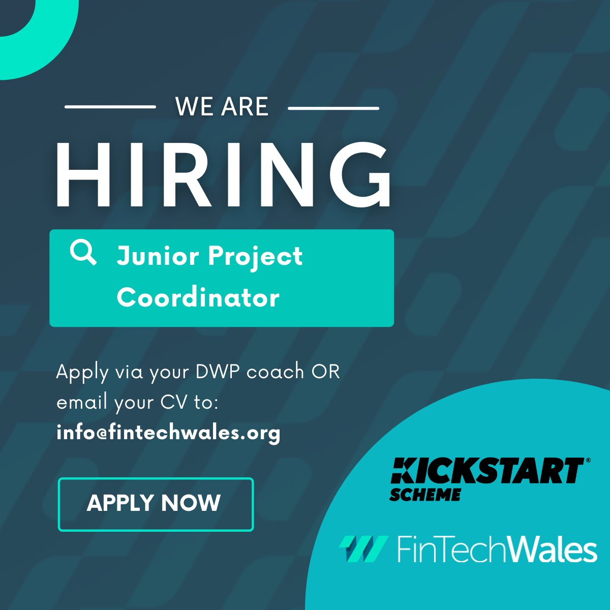 FinTech Wales (@walesfintech) on Twitter photo We’re hiring 👋
We’re looking for a Junior Project Coordinator to join the FinTech Wales team through the UK Government’s Kickstart Scheme.
If you’re interested, apply via your DWP coach or email your CV to info@fintechwales.org
#fintech #hiring #recruitment We’re hiring 👋
We’re looking for a Junior Project Coordinator to join the FinTech Wales team through the UK Government’s Kickstart Scheme.
If you’re interested, apply via your DWP coach or email your CV to info@fintechwales.org
#fintech #hiring #recruitment