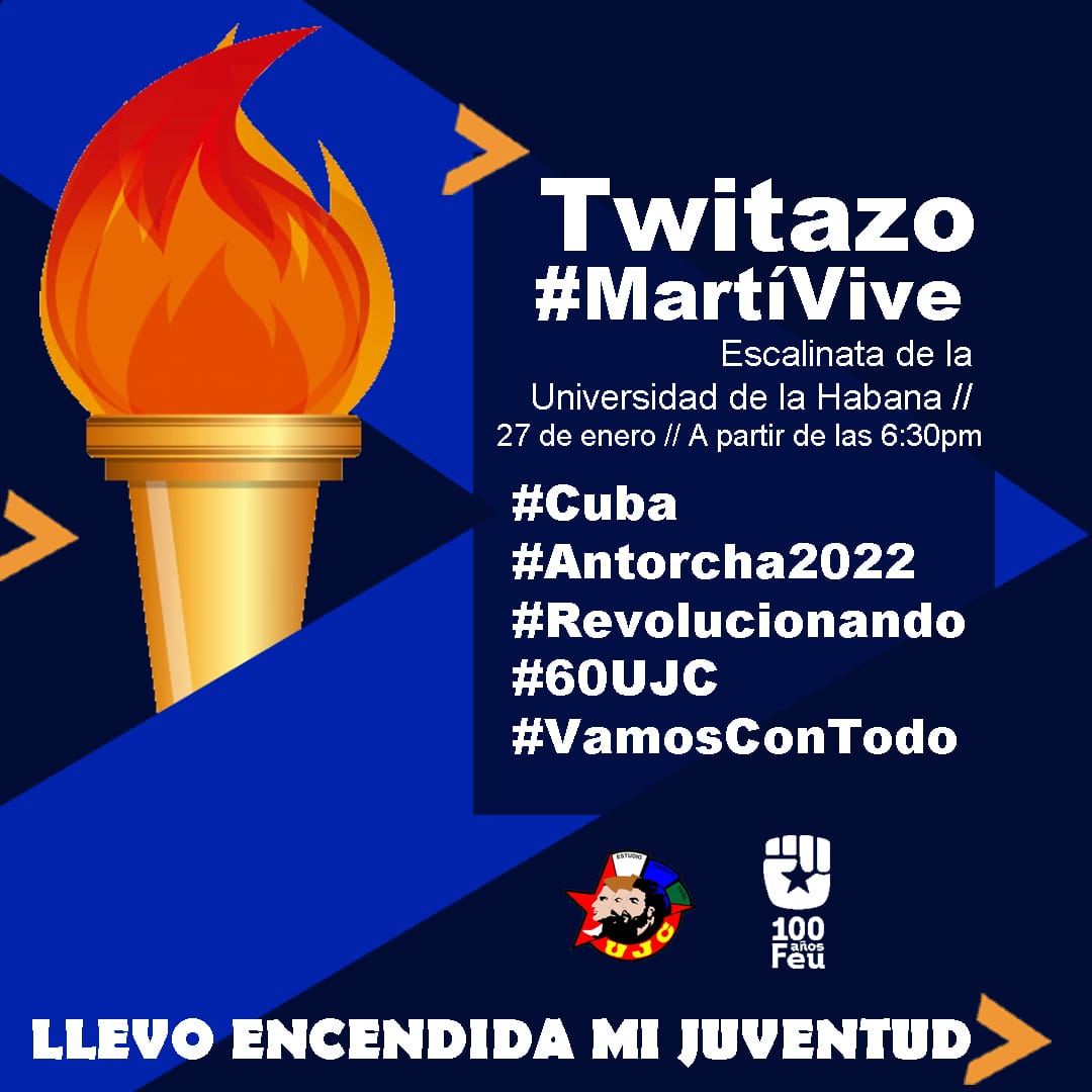 UJCdeCuba's tweet photo. Un mar d antorchas iluminará este 27 d enero la Escalinata d la Universidad d #LaHabana, para homenajear al más universal d los cubanos y allí estaremos presente los jóvenes 🇨🇺, demostrando q esta es una generación d Martianos y Fidelistas. #Cuba #MartíVive #UJC @aylinalvarezG https://t.co/VEU0tX6Efx
