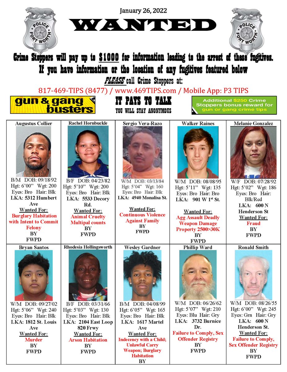 fortworthpd's tweet image. #WANTED 

Please call 817-469-TIPS (8477) if you know the location of these fugitives.

#CrimeStoppers