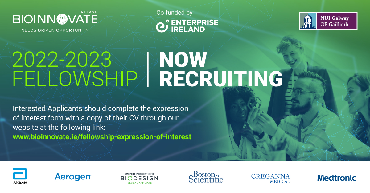 📢We are recruiting for the 2022-23 Fellowship starting in August 2022. CVs due before the end of February. To apply please submit your details and CV to bioinnovate.ie/fellowship-exp… More information nuigalway.ie/courses/taught… Stipend supported by Enterprise Ireland #medtech #PatientCare