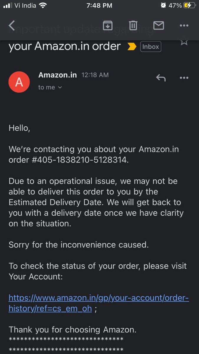 RahulMiranda's tweet photo. @AmazonHelp This chat link does not work. I’m attaching the email for delayed delivery yday. I need a fix not a sorry https://t.co/W1qRYBLjJA