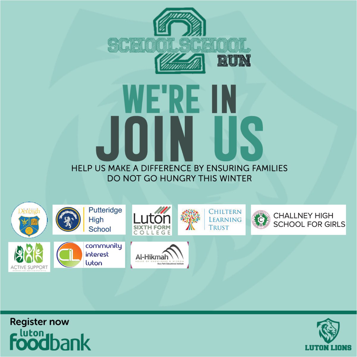 LutonLions's tweet photo. Great to have so many on board but theres still plenty of time to #Jointherun. 

Supporting @LutonFoodbank Winter Packages for families. 

Run from one school to another covering up to 3 miles! 

Are you ready? 🦁

#LetsHearYouRoar #running #SupportingLocalCauses https://t.co/6Fvvc3WiUu