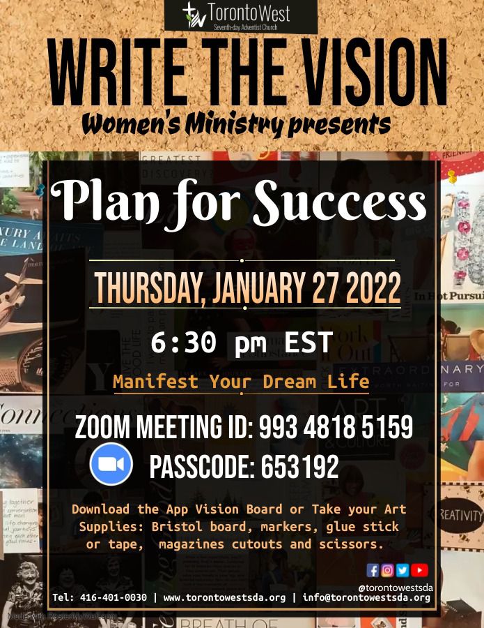 Join the Women's Ministry Department today at 6:30pm, as they help us Plan For Sucess and manfest our dream life. 
You can participate by downloading the Vision Board App or you can bring your Bristol board, markers, scissors, etc.  See you then! 

#womenministry #visionboard