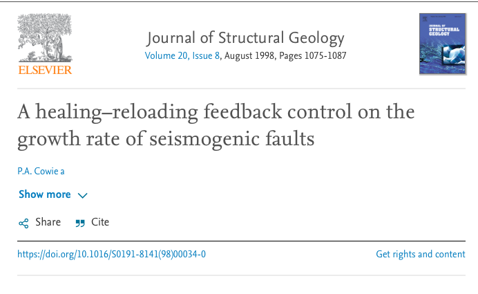EGU_TS's tweet photo. Here we go!! Starting today we are discussing a classic #MRpaper by Patience Cowie (1998), in which she addresses the factors that control spatial and temporal variation in the growth rates of seismogenic faults. Comment here or in the Reddit forum here: https://t.co/u1ojb4kwhH https://t.co/9iiIcxblcr