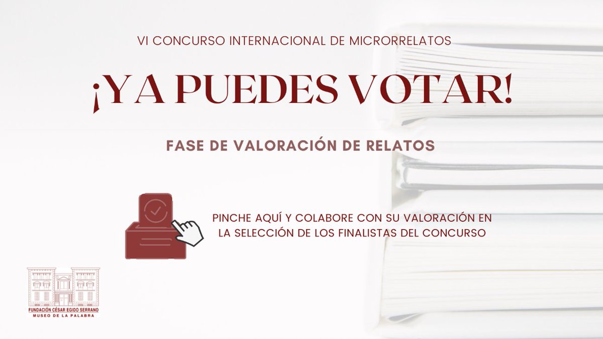 museopalabra's tweet photo. Ha comenzado oficialmente la fase de valoración de relatos, si ha participado en la VI edición del concurso internacional, necesitamos su colaboración para determinar los finalistas en los cuatro idiomas.
https://t.co/BhkY49Qx8j https://t.co/qxCVdAqJvT