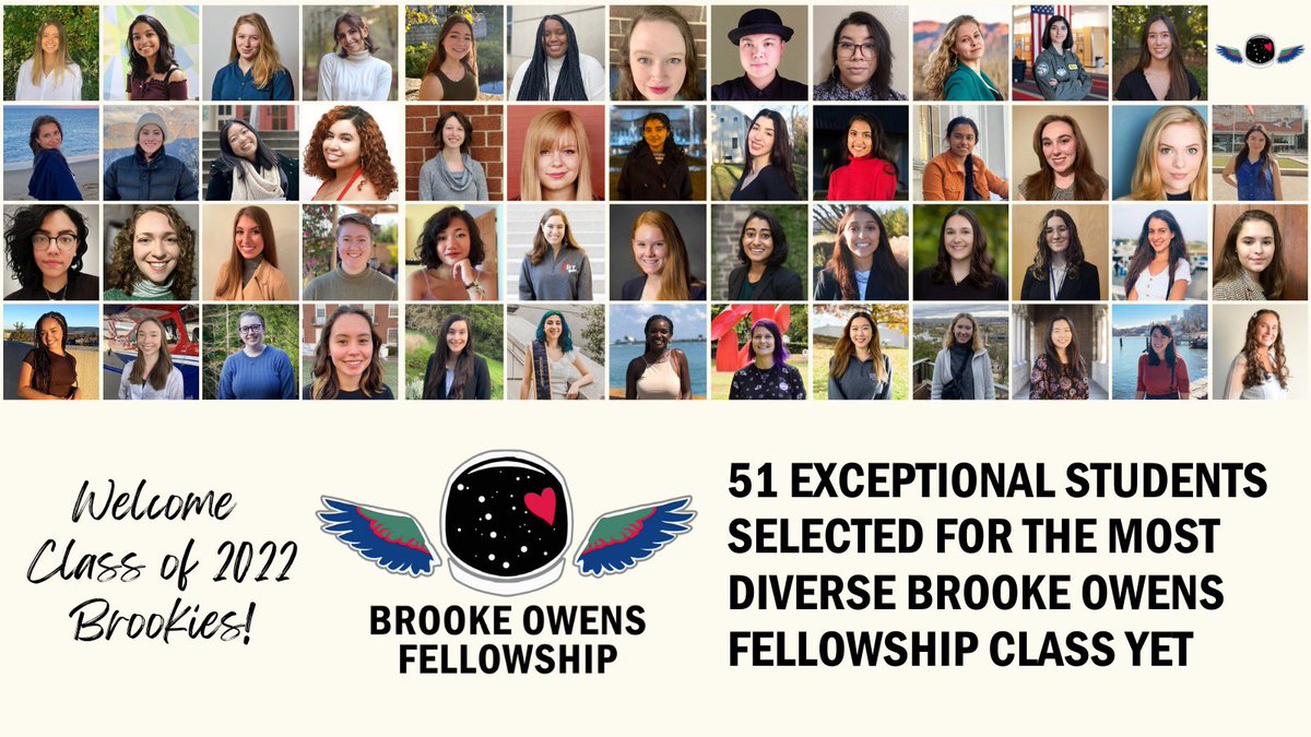 🚀 Please welcome the Brooke Owens Fellowship Class of 2022 - our most diverse class yet!!✈️

The Brooke Owens Fellows will have paid internships at leading Aerospace Companies and Organizations and be matched with an Executive-Level mentor!

brookeowensfellowship.org/blog/posts/202… ✈️