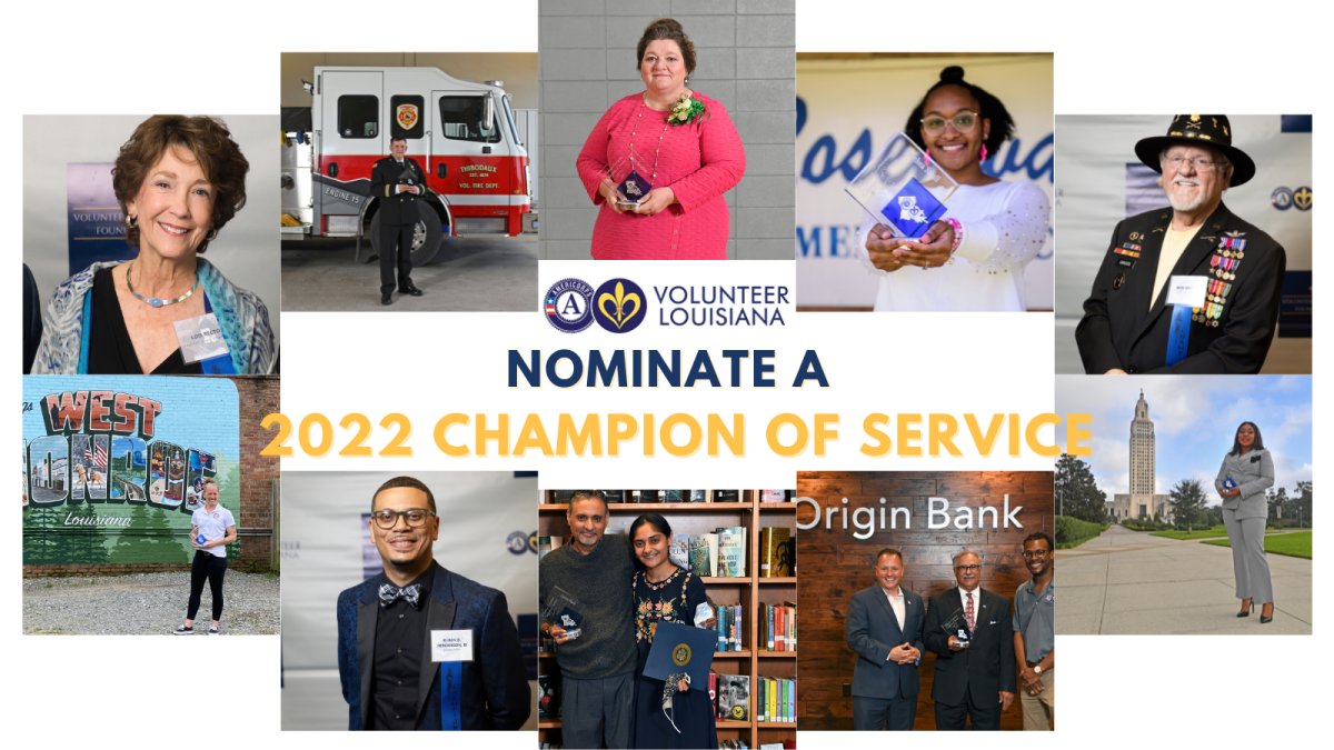 Get your nominations in soon! <a href="/volunteer_la/">Volunteer Louisiana</a>'s Champions of Service nominations close on January 31 at 11:59 pm! 
surveymonkey.com/r/QWKT86Q