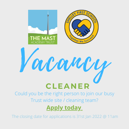 ShelleyFirst's tweet photo. We have vacancies in our cleaning team across the @MastTrust 
Follow the link to see the full advert and recruitment pack. 
https://t.co/G7OzMtNeEw
@ScissettMiddle @KMSchool @ShelleyFirst https://t.co/JiqXYCtvLr