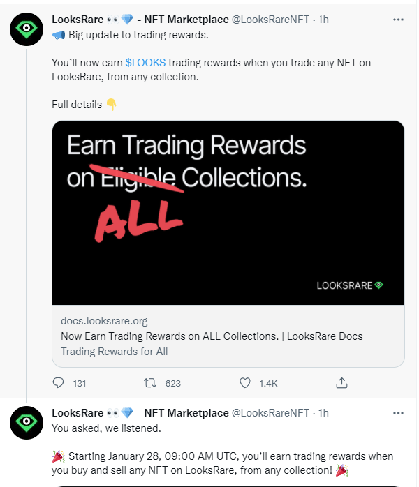 Opensea: We know this change impacts our community but you can share with us how this affects you. We won't be doing anything about it anyways😀

LooksRare: You asked, we listened. Fuck it, trading rewards on ALL NFTs starting tomorrow!
