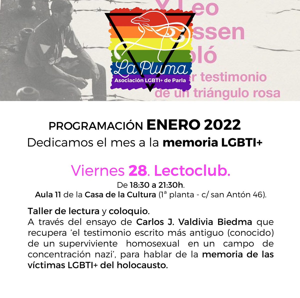 laplumaparla's tweet photo. Mañana, nuestra querida Isa, nos explicará la persecución nazi contra las personas #LGBTI+; poniendo así en contexto nuestro primer #LectoClub con ‘y Leo Classen habló’.
Hagamos memoria y avancemos hacia un futuro libre de discursos y delitos de odio ¡TE ESPERAMOS! 🏳️🌈✊🏳️⚧️ https://t.co/MJRnFBZwq3