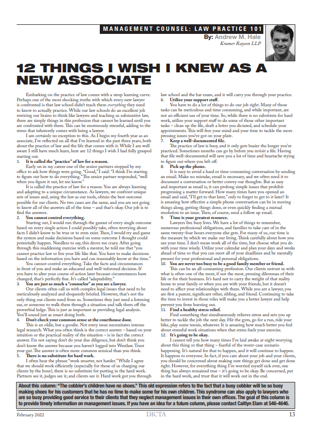 KramerRayson's tweet photo. Check out Attorney Andrew Hale's article, "12 Things I Wish I Knew as a New Associate," in the February 2022 Issue of @KnoxBar's DICTA: https://t.co/pqG8q36Rjk #KramerRayson https://t.co/v6mmG8AnHj