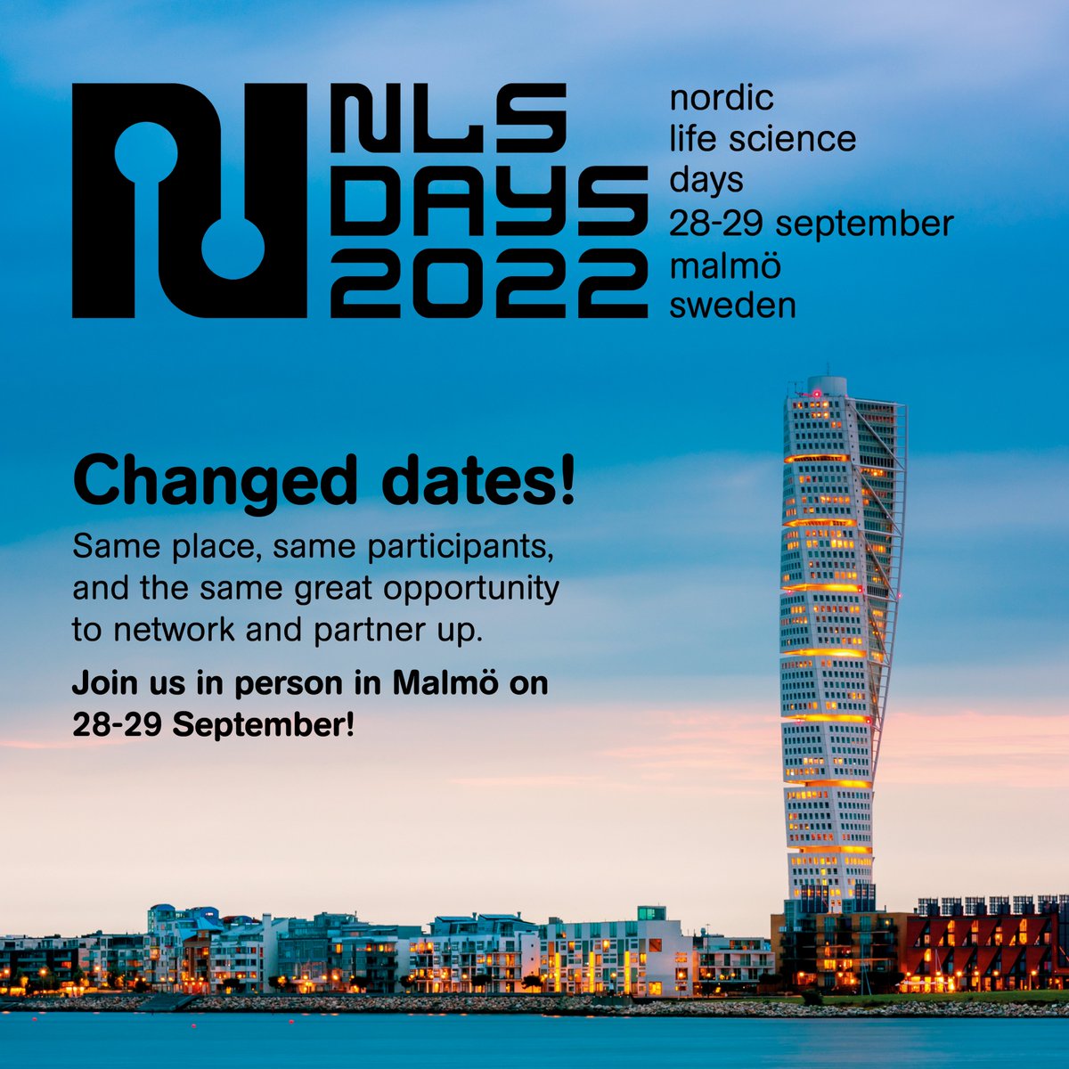 The dates have changed, but the programme, venue, and networking opportunities are the same. Join us in person at #NLSDays in Malmö on Sept. 28-29 for the biggest business and partnering conference for #lifesciences in the Nordics! 
Register here: nlsdays.com/registration-f…
