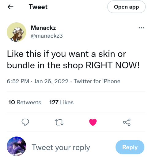 Jason64384694's tweet photo. @manackz3 Me pls I want one my epic is midas_agent or jasonlist777 https://t.co/bp6u3ZVXYM