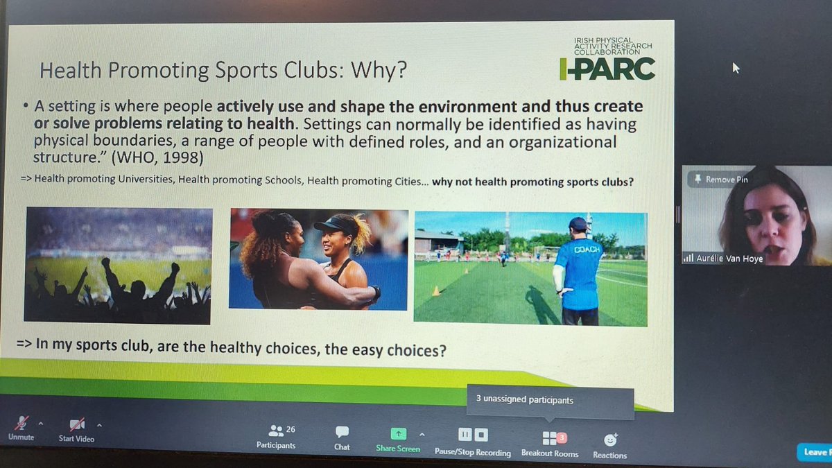 IPARC_1's tweet photo. Breakout room 1 with @AurelieHoye, @Rego101 &amp; @aoifemlane was all about Health promoting sports clubs and the GAA healthy clubs initiative helping people find their place in the community. #IPARC2022 https://t.co/tA07pg5i8M