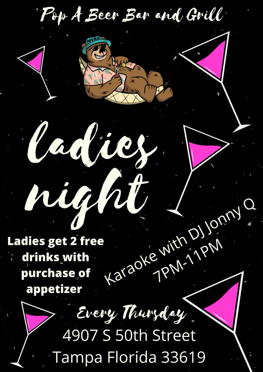 Mach5E21's tweet image. It&apos;s Thursday and that means Ladies Night at Pop A Beer Bar and Grill. So  come on out tonight and sing your heart out with DJ Jonny Q hosting Karaoke 7pm-11pm.
Ladies get 2 free drinks with purchase of appetizer.
