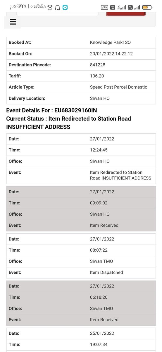 prasadvikas16's tweet photo. @IndiaPostOffice
 #EU683029160IN The address given is a complete address still status shows insufficient address. No body contacted the number given. And it has been redirected. Please deliver it ASAP!
As it contains very important Documents. https://t.co/bNhKqYXK9T
